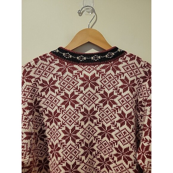 Woolrich Cardigan Sweater Wool Knit Blend Nordic Fair Isle Snowflake Print Red M - Picture 4 of 7